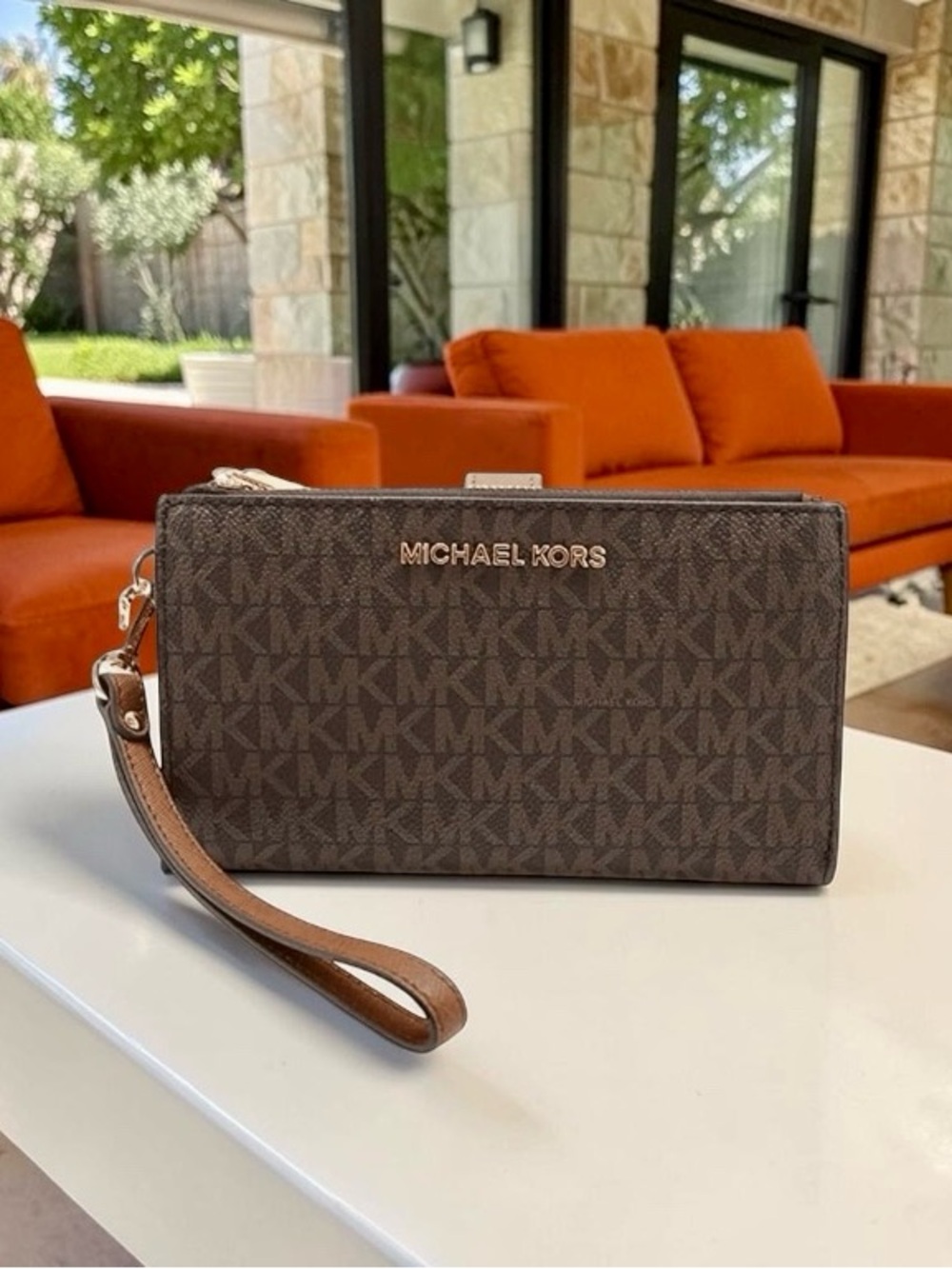 NWT! Michael Kors Jet Set Travel Double Zip Wristlet Wallet | Brown Signature